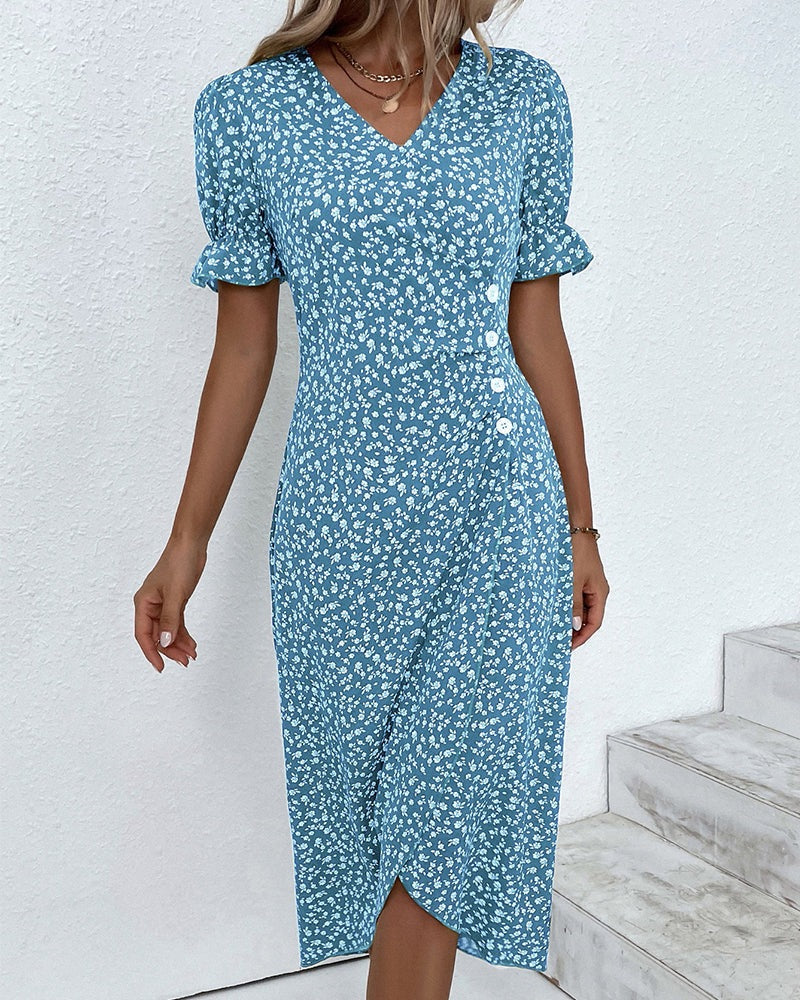 Gabrielle midi jurk met korte mouwen en bloemenprint