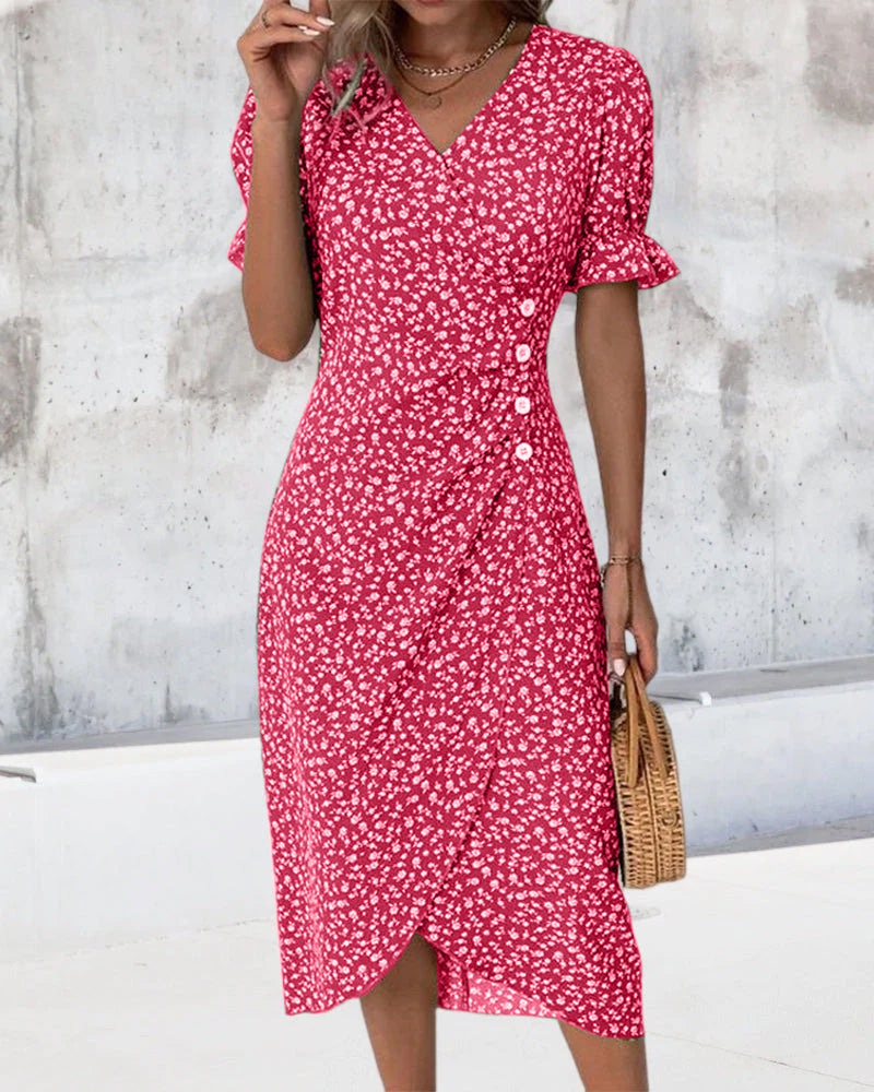 Gabrielle midi jurk met korte mouwen en bloemenprint