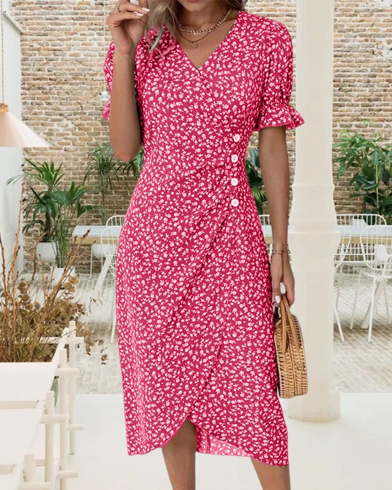 Gabrielle midi jurk met korte mouwen en bloemenprint