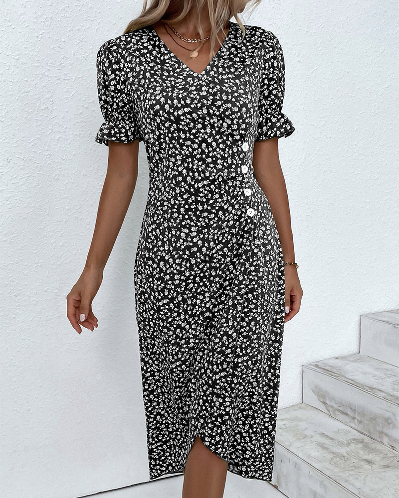 Gabrielle midi jurk met korte mouwen en bloemenprint