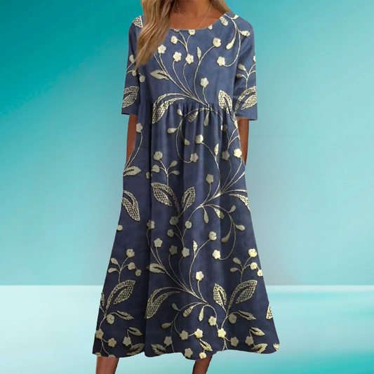 Margit | Elegante Bloemige Geborduurde Midi-jurk