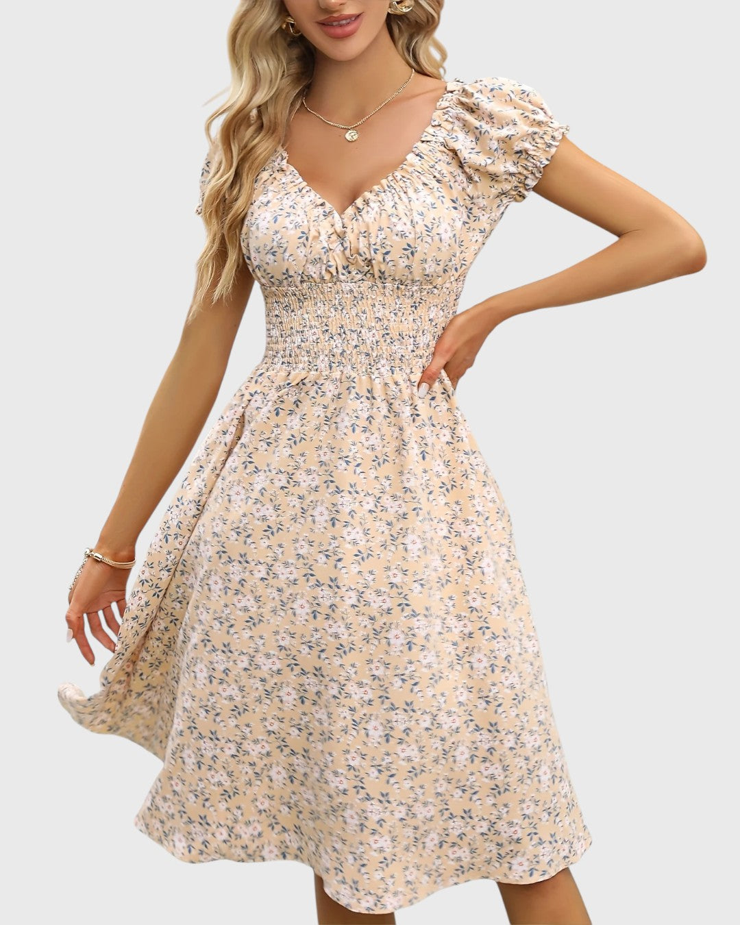 Aurore midi jurk met bloemenprint, puffmouwen en V-hals