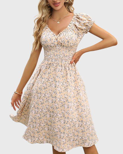 Aurore midi jurk met bloemenprint, puffmouwen en V-hals