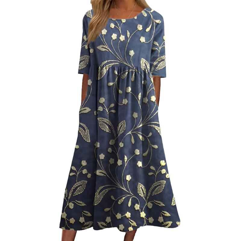 Margit | Elegante Bloemige Geborduurde Midi-jurk
