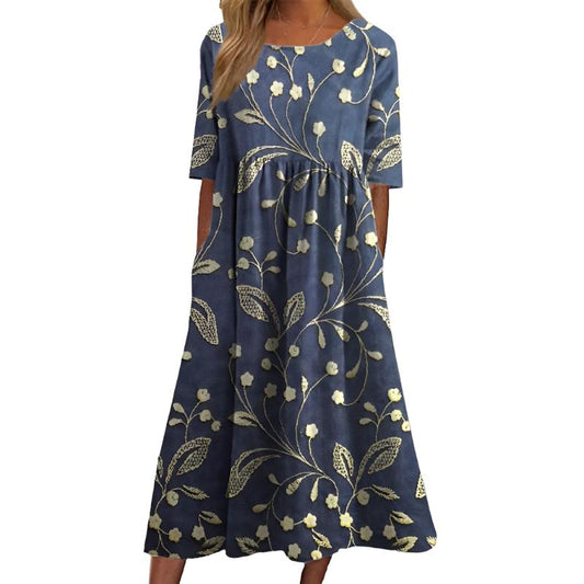 Margit | Elegante Bloemige Geborduurde Midi-jurk