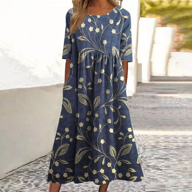 Margit | Elegante Bloemige Geborduurde Midi-jurk