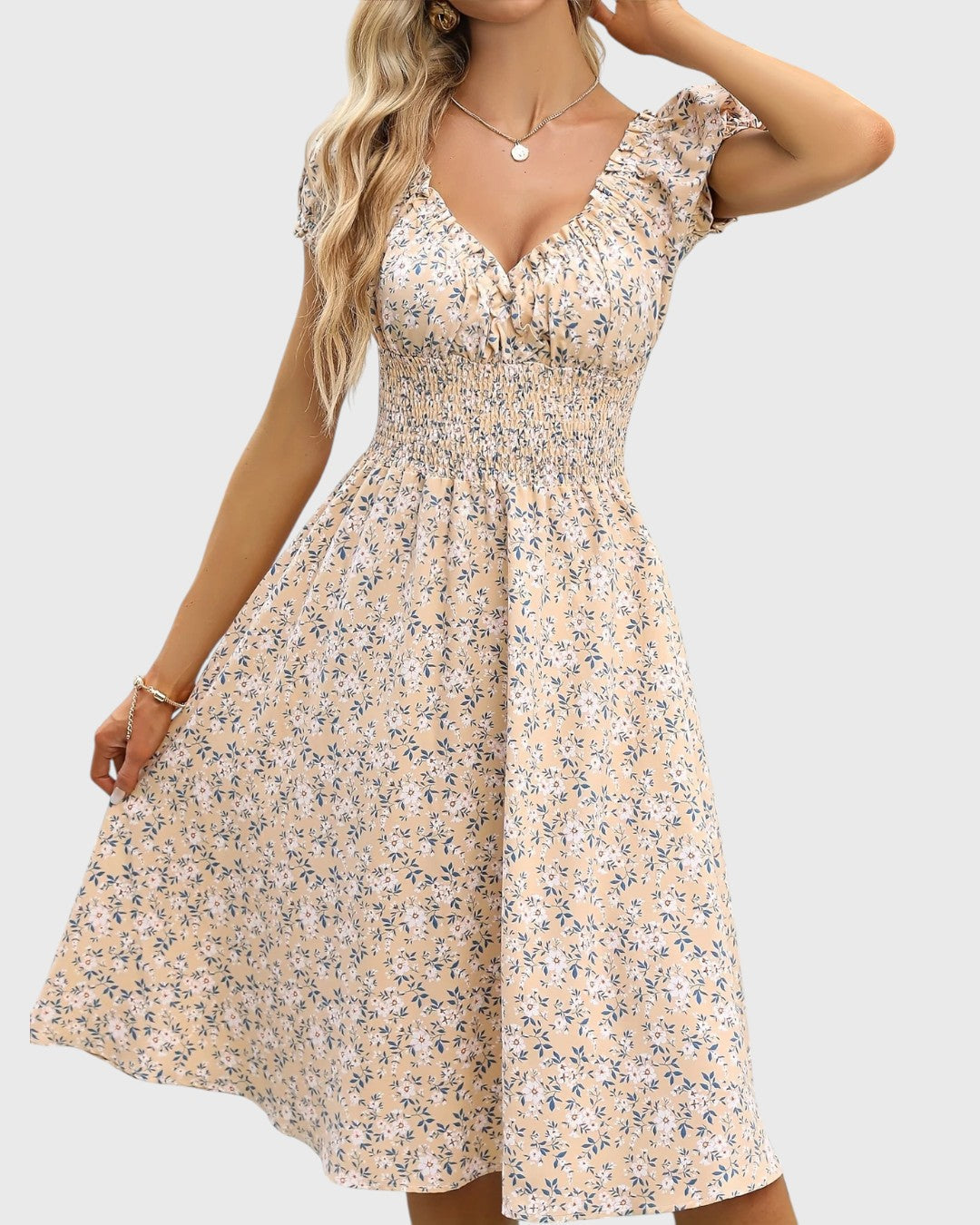 Aurore midi jurk met bloemenprint, puffmouwen en V-hals