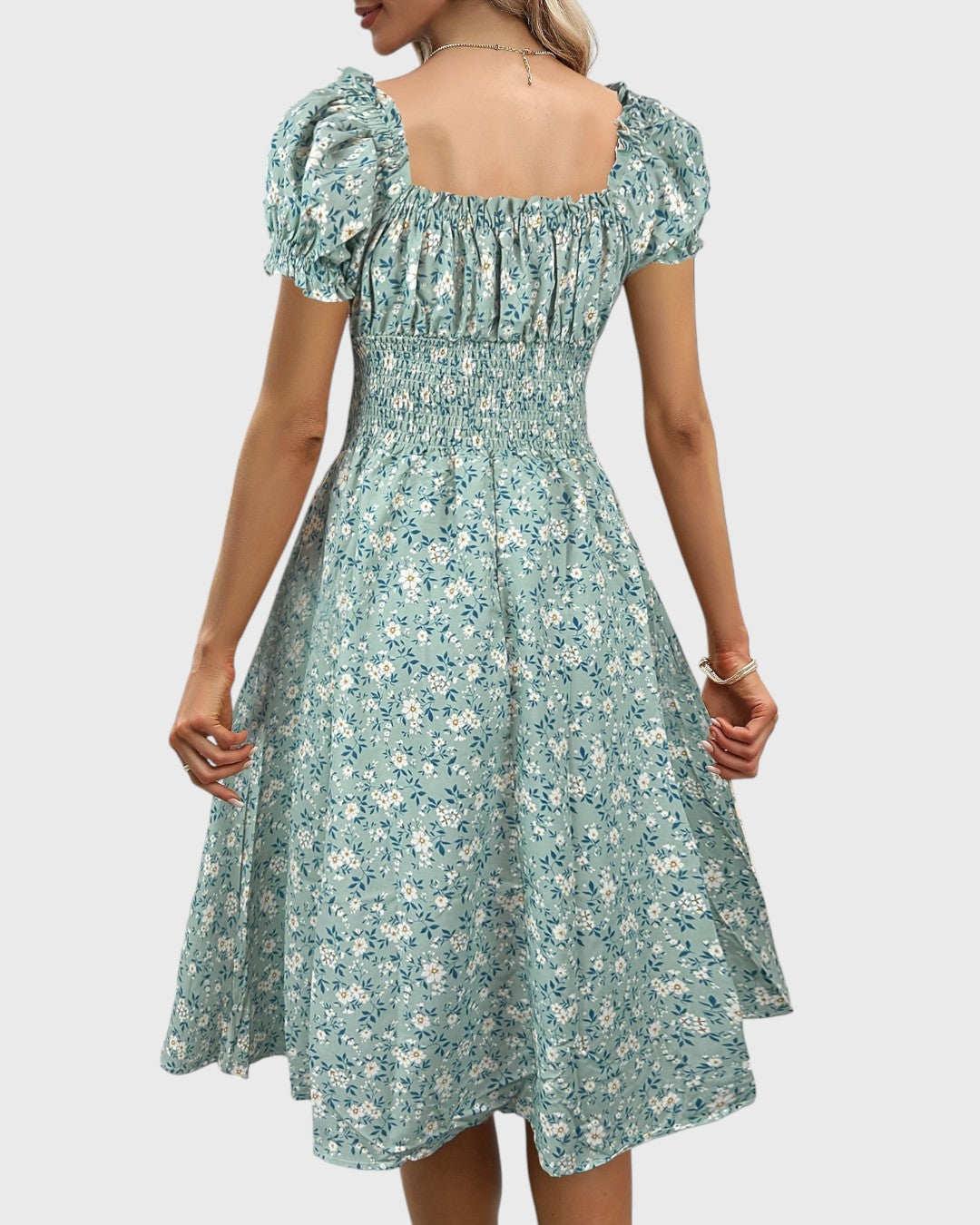 Aurore midi jurk met bloemenprint, puffmouwen en V-hals
