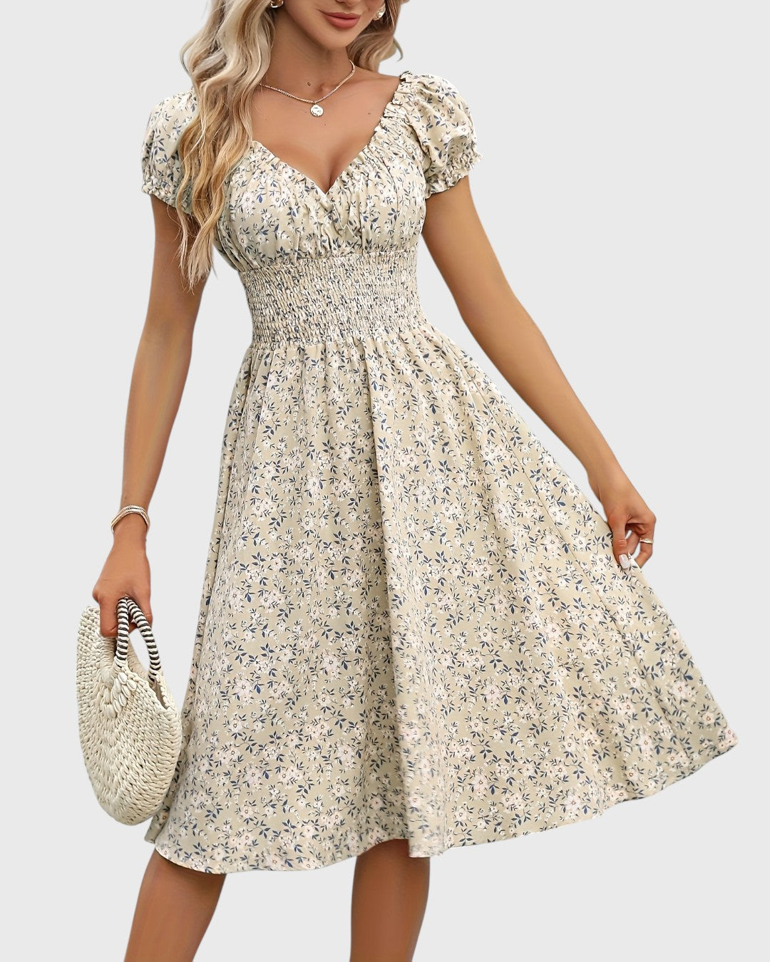 Aurore midi jurk met bloemenprint, puffmouwen en V-hals