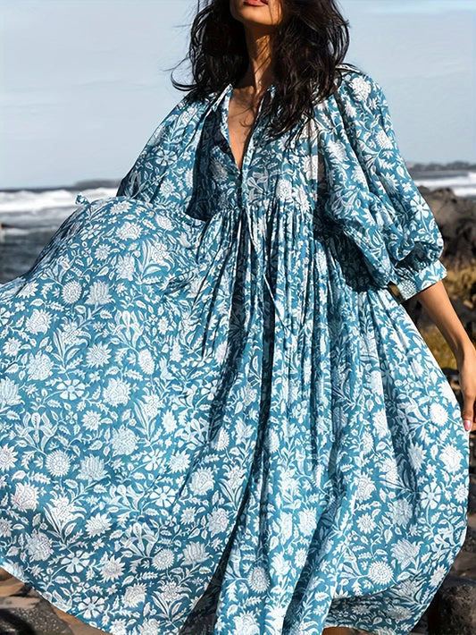 Élise midi jurk met bloemen en pofmouwen