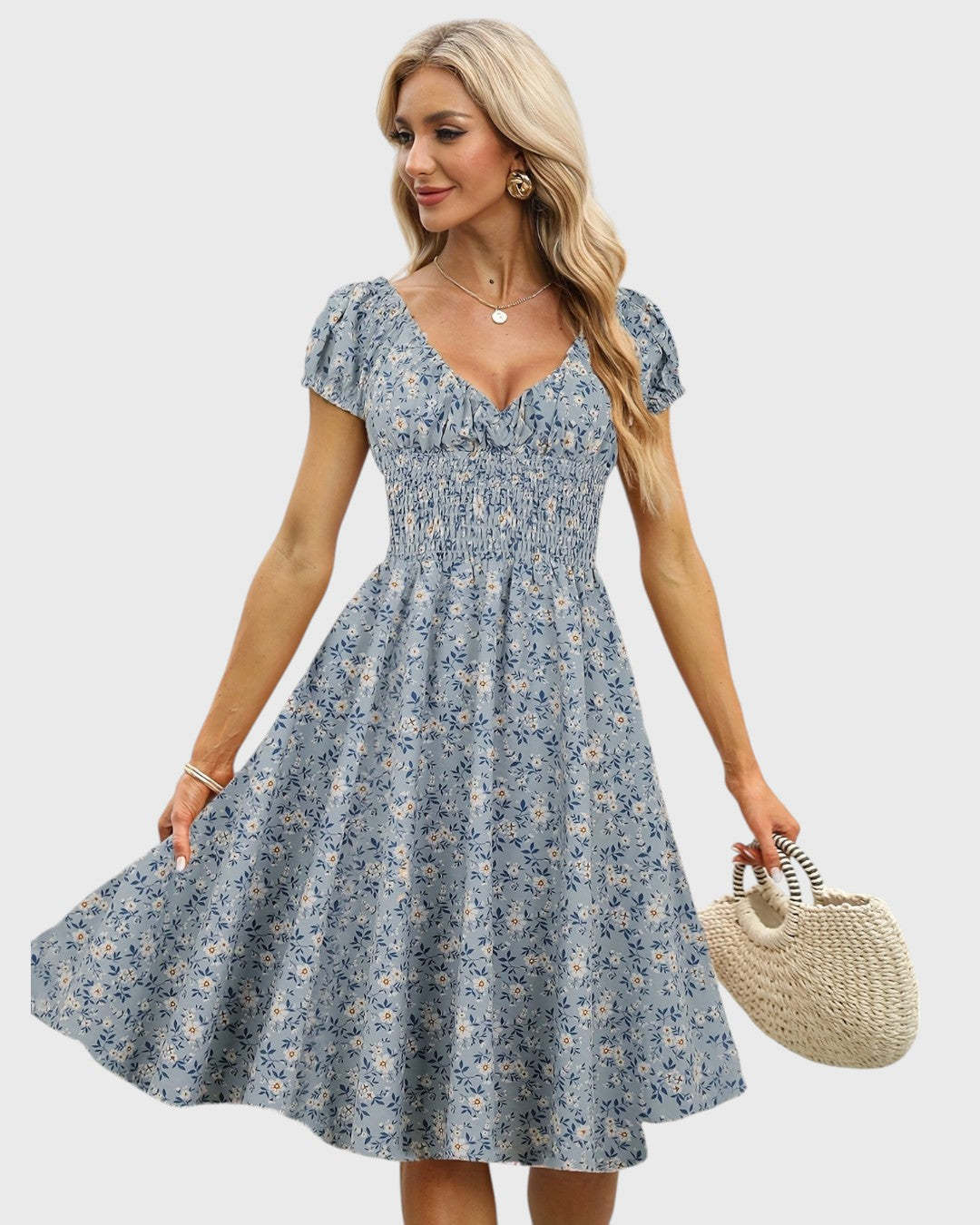 Aurore midi jurk met bloemenprint, puffmouwen en V-hals