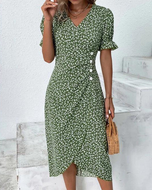 Gabrielle midi jurk met korte mouwen en bloemenprint