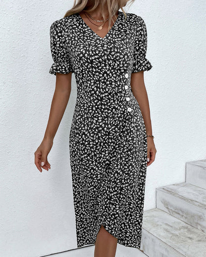 Gabrielle midi jurk met korte mouwen en bloemenprint