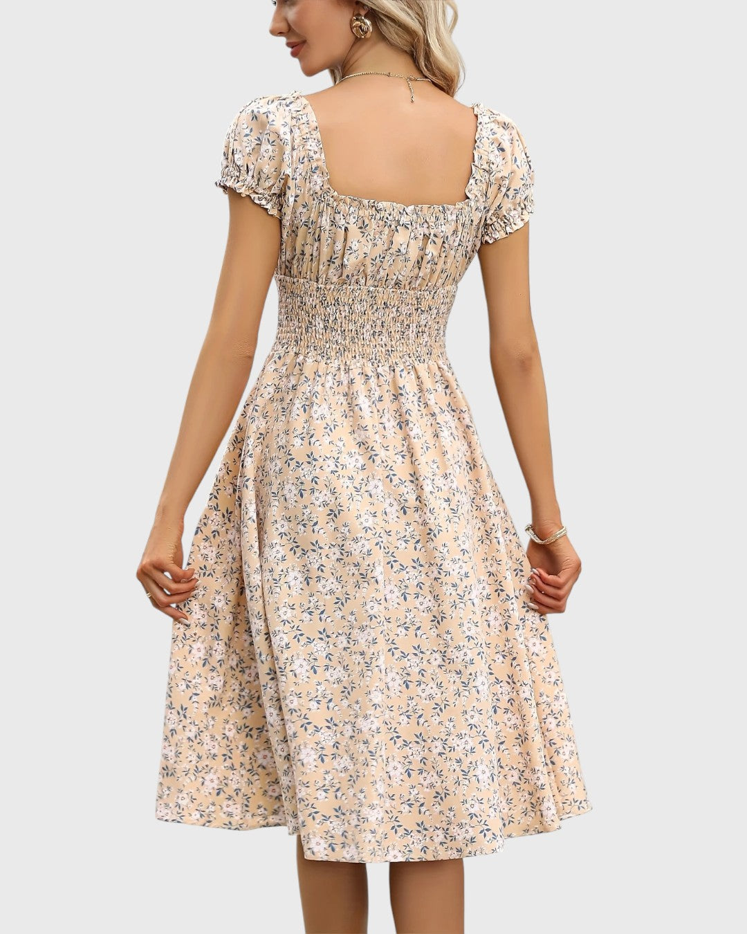 Aurore midi jurk met bloemenprint, puffmouwen en V-hals