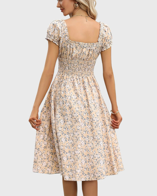 Aurore midi jurk met bloemenprint, puffmouwen en V-hals
