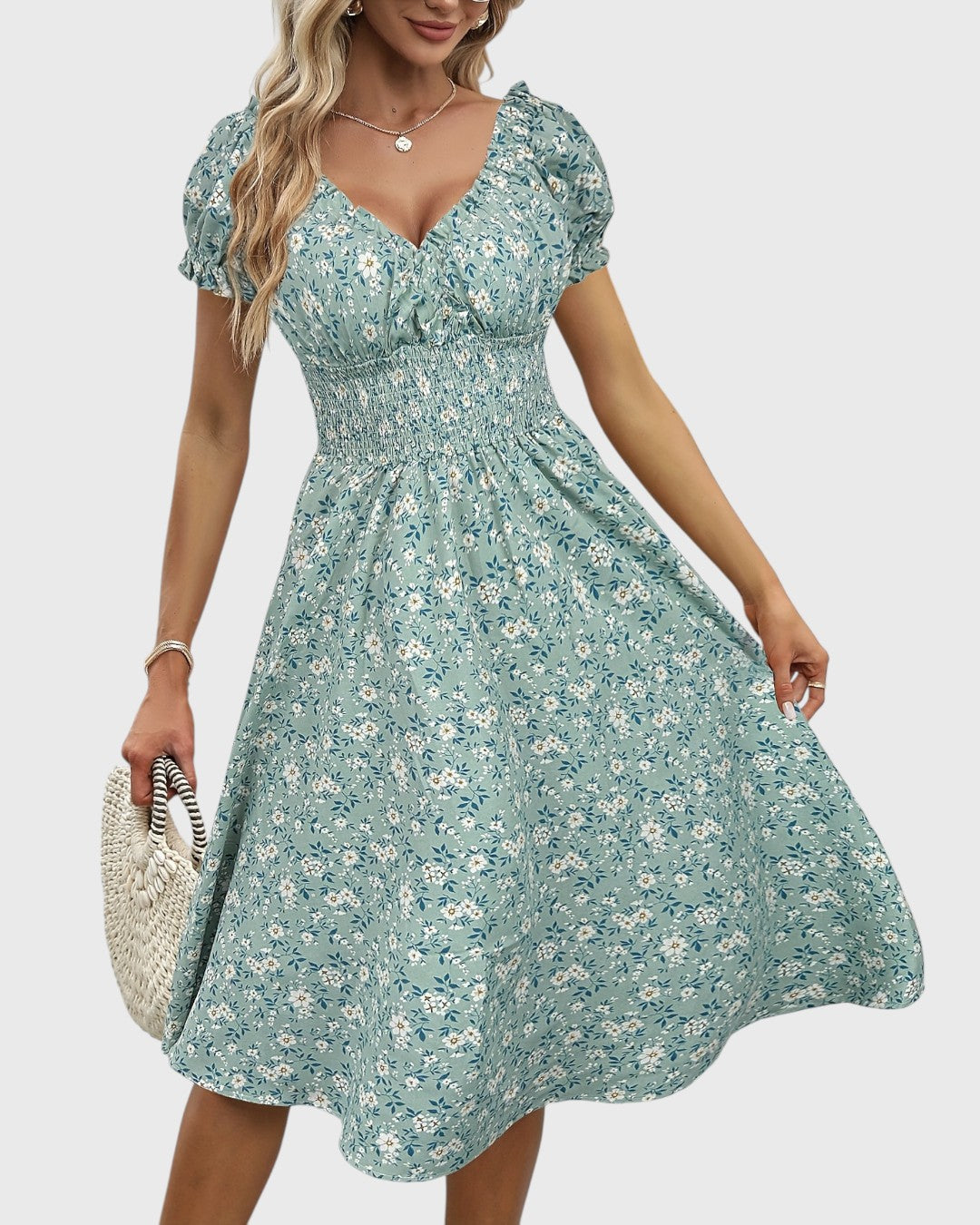 Aurore midi jurk met bloemenprint, puffmouwen en V-hals