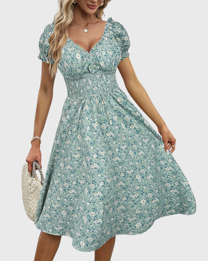 Aurore midi jurk met bloemenprint, puffmouwen en V-hals