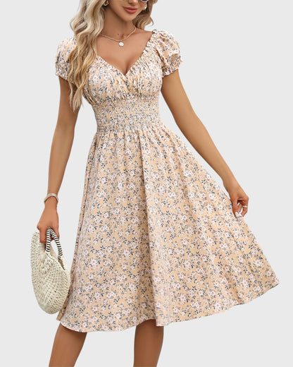 Aurore midi jurk met bloemenprint, puffmouwen en V-hals