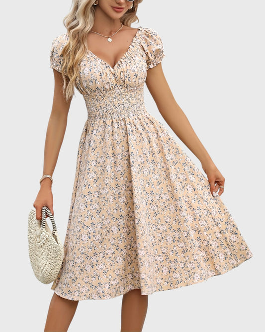 Aurore midi jurk met bloemenprint, puffmouwen en V-hals