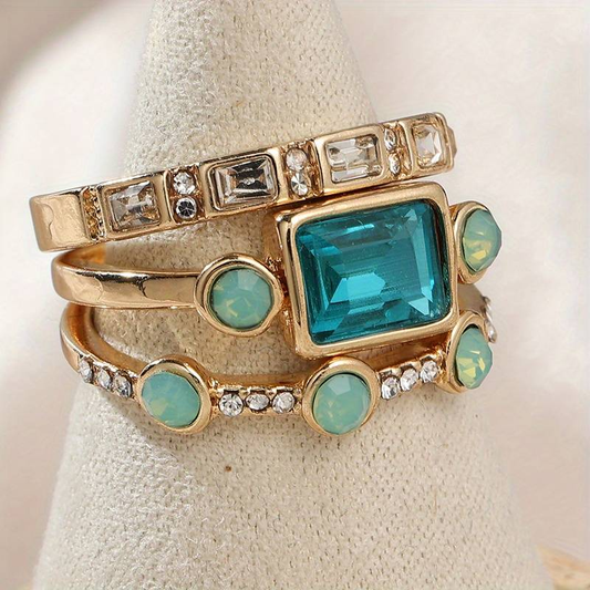 Vintage Blauwe Kristallen Ring Set